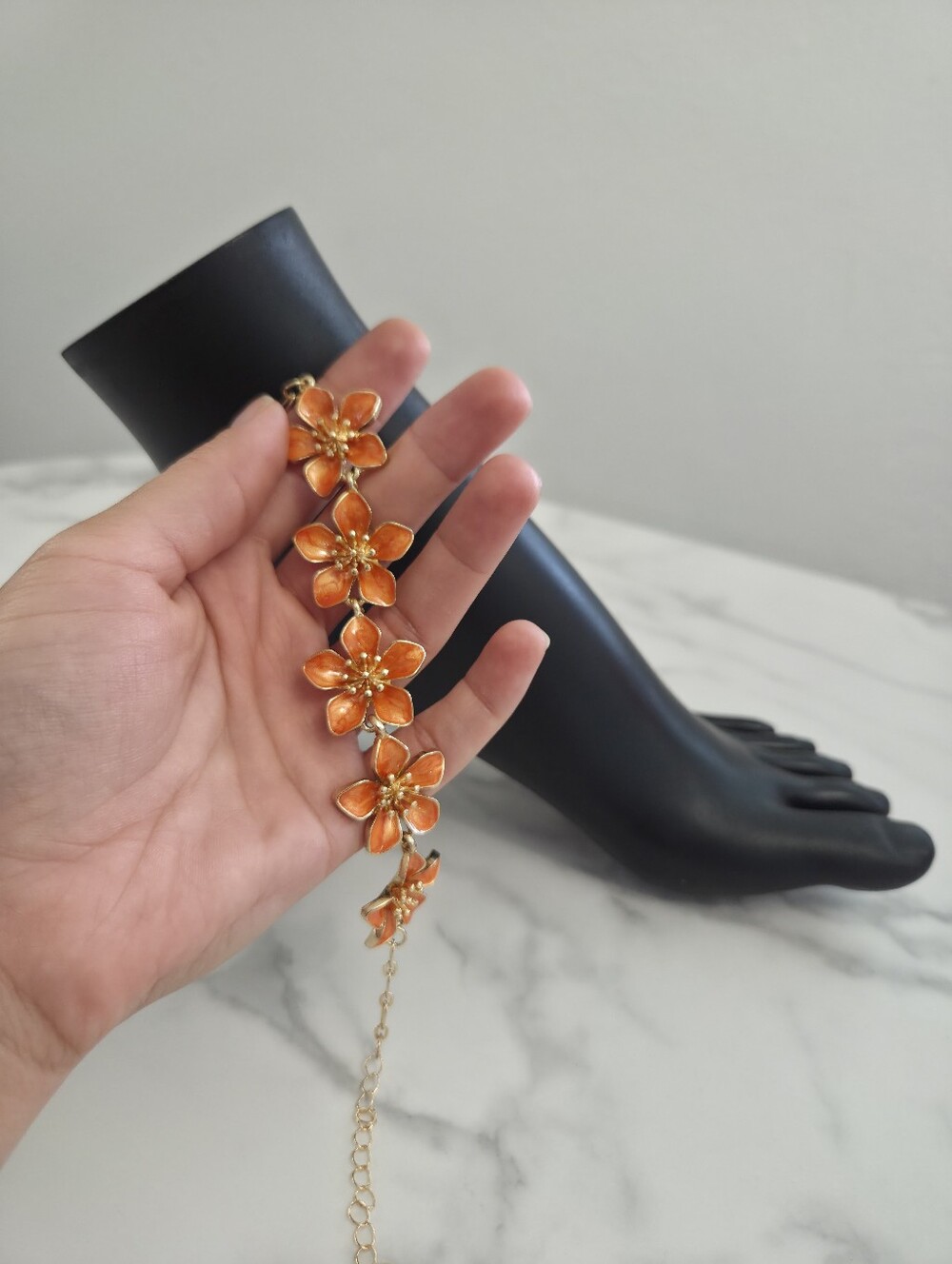 Gold & Orange Enamel Flower Anklet Boho Floral Anklet Bracelet Accesory - Picture 10 of 12
